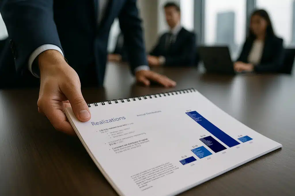 Close-up of an investment pitch book being handed across a conference table, representing high-quality financial printing for private equity, investment banking, and capital markets firms